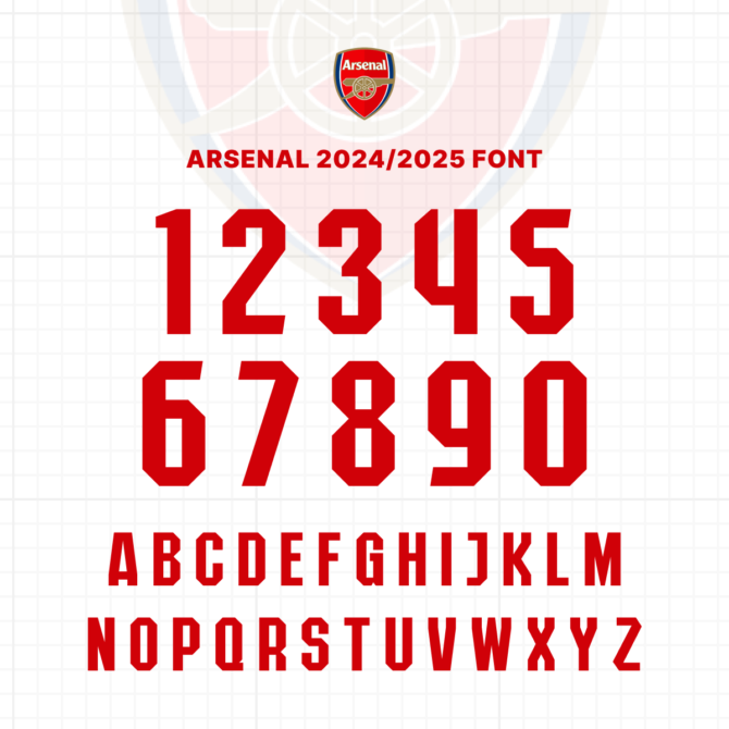 Arsenal 2024/2025 Font Preview - Complete Alphabet and Numbers. High-quality vector typeface inspired by Arsenal's official kit, available for download in TTF, OTF, SVG, and EPS formats. Perfect for graphic designers and football enthusiasts.