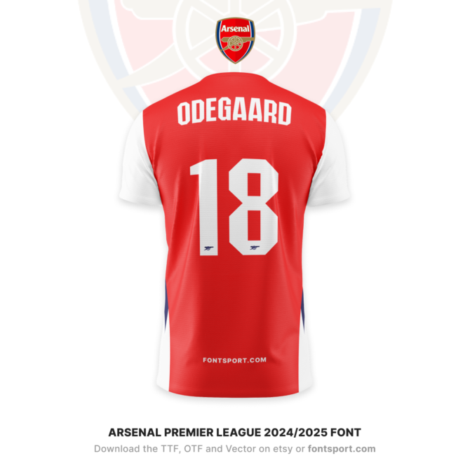 Arsenal Premier League 2024/2025 Font - Displayed on Odegaard's Jersey. Download the complete typeface in TTF, OTF, and Vector formats from Etsy or FontSport.com. Ideal for creating custom football kits and digital media content.