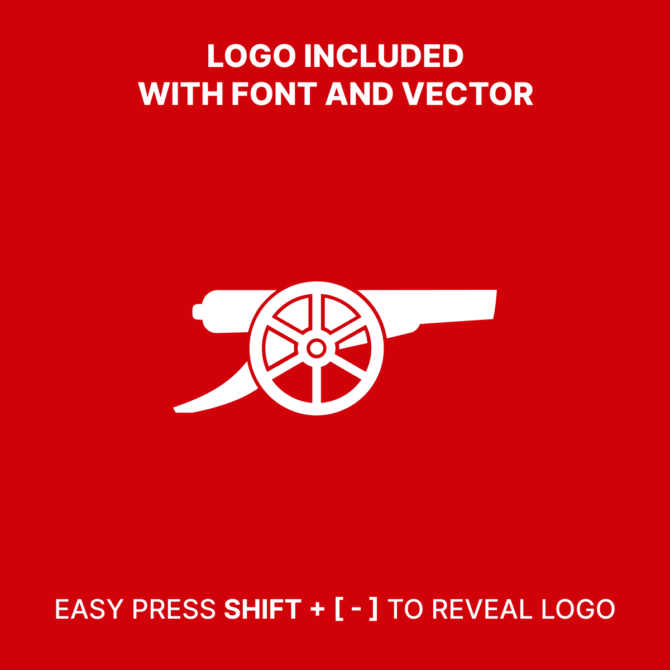 Arsenal 2024/2025 Font - Logo Included. Easily toggle the Arsenal-inspired cannon logo with SHIFT + [-]. The font is perfect for creating official-looking football merchandise and digital designs. Available in vector formats.