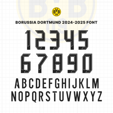 Borussia Dortmund 2024/2025 Font Preview - Complete Alphabet and Numbers. High-quality vector typeface inspired by Borussia Dortmund's official kit, available for download in TTF, OTF, SVG, and EPS formats. Perfect for graphic designers and football enthusiasts.