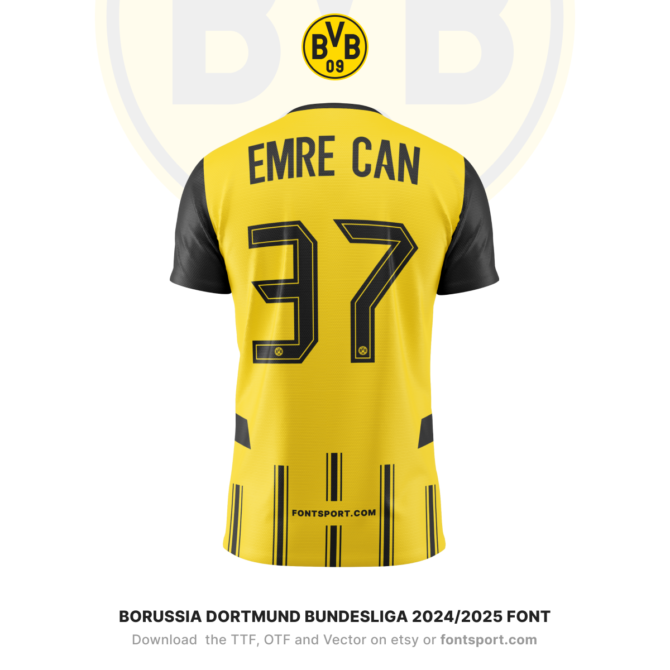 Borussia Dortmund Bundesliga 2024/2025 Font - Displayed on Emra Can's Jersey. Download the complete typeface in TTF, OTF, and Vector formats from FontSport.com. Ideal for creating custom football kits and digital media content.