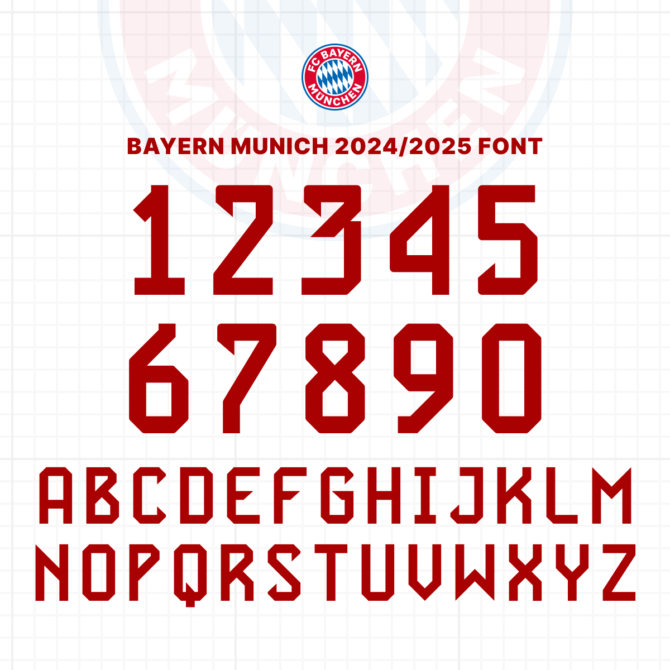 Bayern Munich 2024/2025 Font Preview - Complete Alphabet and Numbers. High-quality vector typeface inspired by Bayern Munich's official kit, available for download in TTF, OTF, SVG, and EPS formats. Perfect for graphic designers and football enthusiasts.