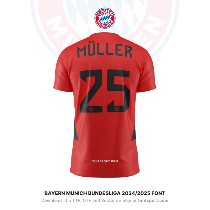 Bayern Munich Bundesliga 2024/2025 Font - Displayed on Muller's Jersey. Download the complete typeface in TTF, OTF, and Vector formats from FontSport.com. Ideal for creating custom football kits and digital media content.