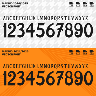 Real Madrid 2024/2025 Vector Football Font - Real Madrid-Inspired Typeface for Football Jerseys and Design Projects. Available in TTF, OTF, SVG, and EPS formats. Ideal for creating official team kits, sports merchandise, and digital media. Bold, modern font showcasing the iconic Real Madrid style, perfect for football enthusiasts and designers.