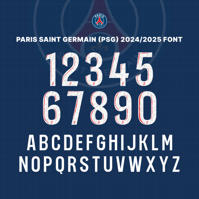 Paris Saint Germain (PSG) 2024/2025 Font Preview - Complete Alphabet and Numbers. High-quality vector typeface inspired by PSG's official kit, available for download in TTF, OTF, SVG, and EPS formats. Perfect for graphic designers and football enthusiasts.