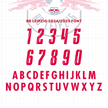 RB Leipzig 2024/2025 Font Preview - Complete Alphabet and Numbers. High-quality vector typeface inspired by RB Leipzig's official kit, available for download in TTF, OTF, SVG, and EPS formats. Perfect for graphic designers and football enthusiasts.