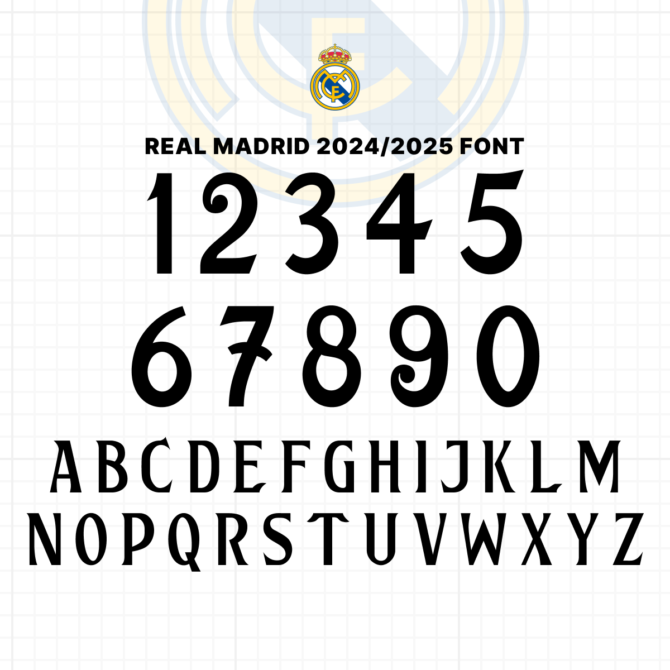 Real Madrid 2024/2025 Font Preview - Complete Alphabet and Numbers. High-quality vector typeface inspired by Real Madrid's official kit, available for download in TTF, OTF, SVG, and EPS formats. Perfect for graphic designers and football enthusiasts.