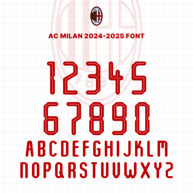 AC Milan 2024/2025 Font Preview - Complete Alphabet and Numbers. High-quality vector typeface inspired by AC Milan's official kit, available for download in TTF, OTF, SVG, and EPS formats. Perfect for graphic designers and football enthusiasts.