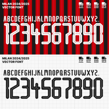 AC MIlan 2024/2025 Vector Football Font - AC Milan-Inspired Typeface for Football Jerseys and Design Projects. Available in TTF, OTF, SVG, and EPS formats. Ideal for creating official team kits, sports merchandise, and digital media. Bold, modern font showcasing the iconic AC Milan style, perfect for football enthusiasts and designers.