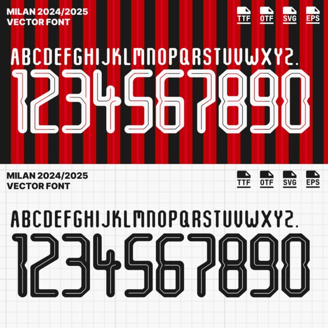 AC MIlan 2024/2025 Vector Football Font - AC Milan-Inspired Typeface for Football Jerseys and Design Projects. Available in TTF, OTF, SVG, and EPS formats. Ideal for creating official team kits, sports merchandise, and digital media. Bold, modern font showcasing the iconic AC Milan style, perfect for football enthusiasts and designers.