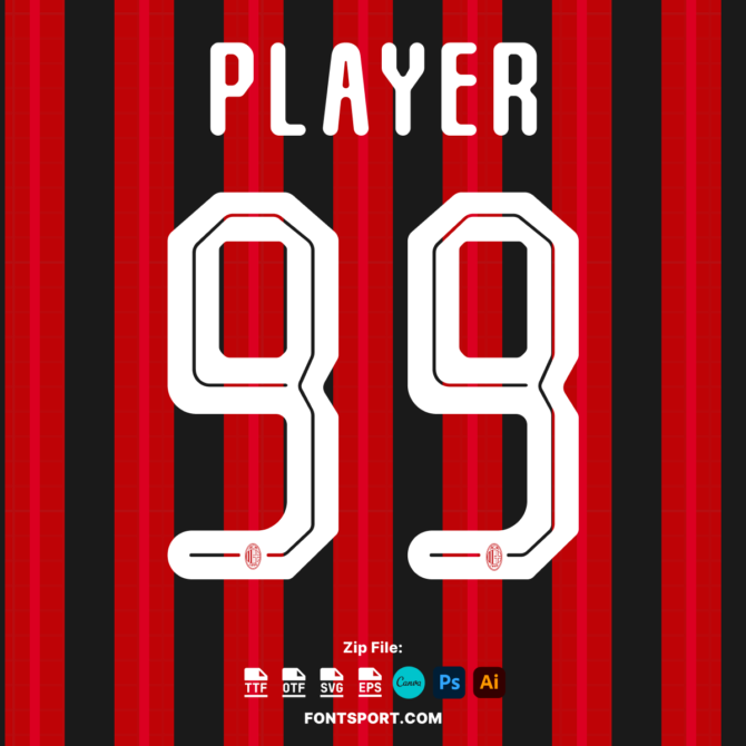 AC MIlan 2024/2025 Football Jersey Font. Bold, modern typeface perfect for official team kits, available in TTF, OTF, SVG, and EPS formats. Designed for use in Photoshop, Canva, Illustrator, and more. Ideal for customizing football jerseys and sports merchandise.