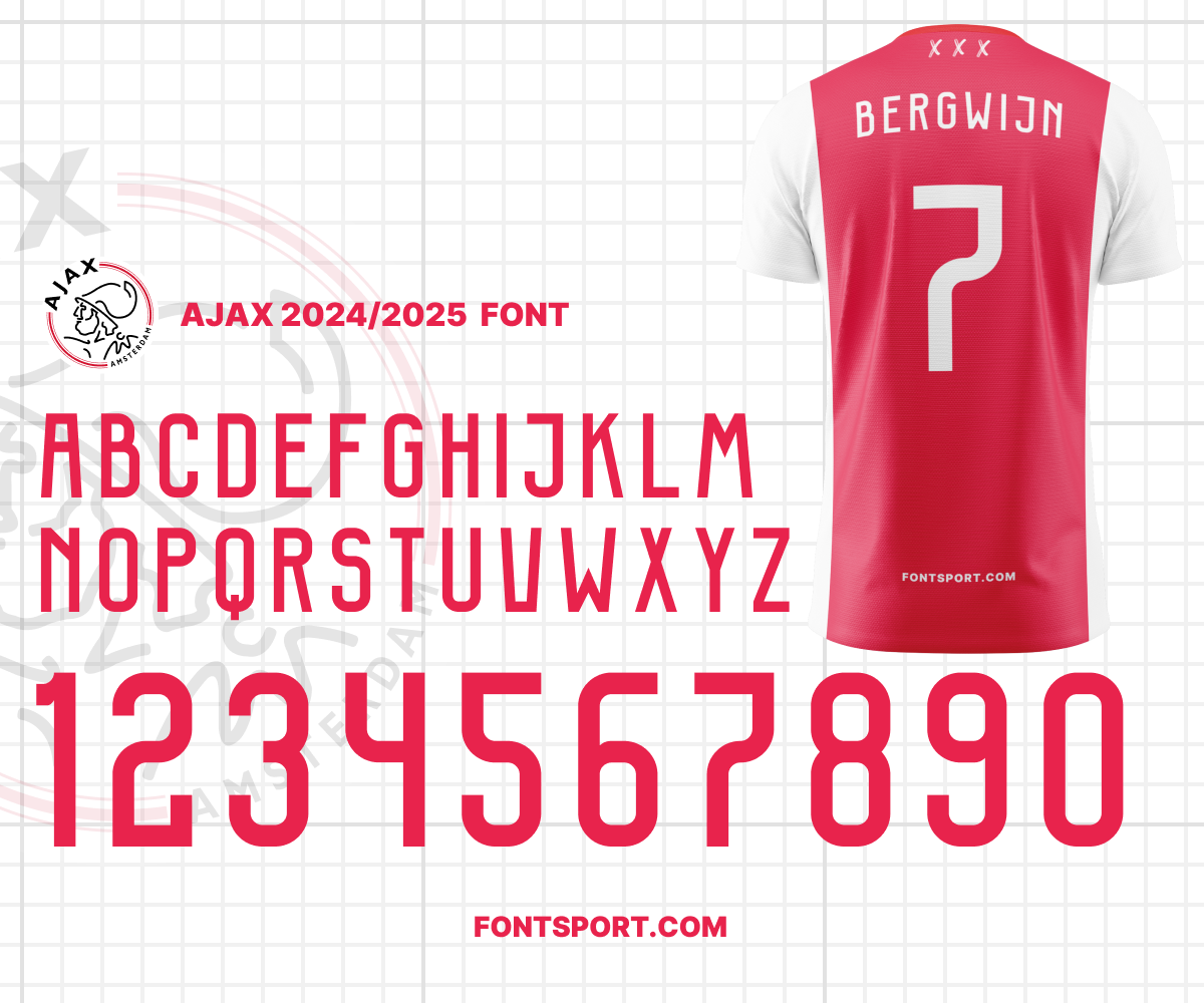 Ajax Amsterdam 2024/2025 Font for Football Jerseys - Uppercase Letters and Numbers, Inspired by Official Eredivisie Kit Design