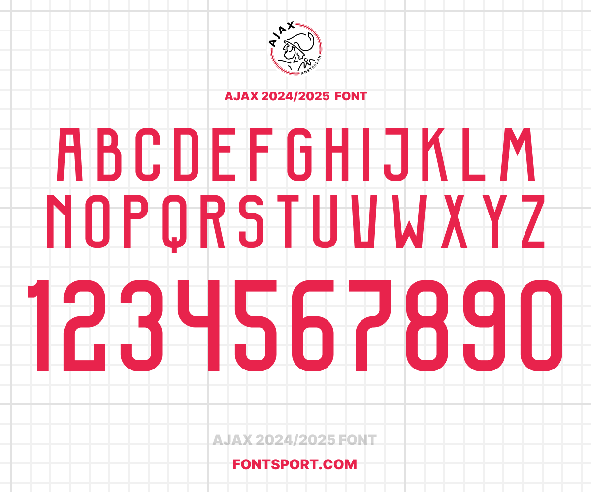 Ajax Amsterdam 2024/2025 Font for Football Jerseys - Uppercase Letters and Numbers, Inspired by Official Eredivisie Kit Design