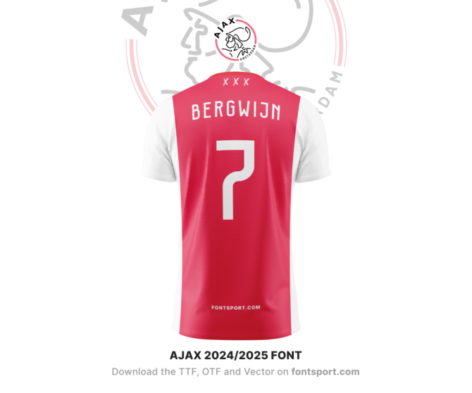 Ajax Amsterdam 2024/2025 Font for Football Jerseys - Uppercase Letters and Numbers, Inspired by Official Eredivisie Kit Design