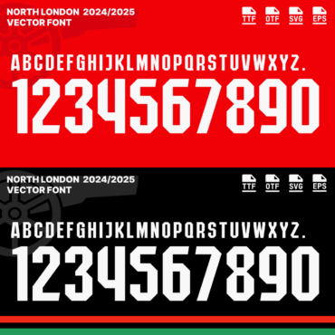 Arsenal 2024/2025 Vector Football Font - Arsenal-Inspired Typeface for Football Jerseys and Design Projects. Available in TTF, OTF, SVG, and EPS formats. Ideal for creating official team kits, sports merchandise, and digital media. Bold, modern font showcasing the iconic Arsenal style, perfect for football enthusiasts and designers.