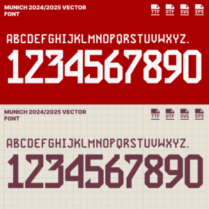 Bayern Munich 2024/2025 Vector Football Font - Bayern Munich-Inspired Typeface for Football Jerseys and Design Projects. Available in TTF, OTF, SVG, and EPS formats. Ideal for creating official team kits, sports merchandise, and digital media. Bold, modern font showcasing the iconic Bayern Munich style, perfect for football enthusiasts and designers.