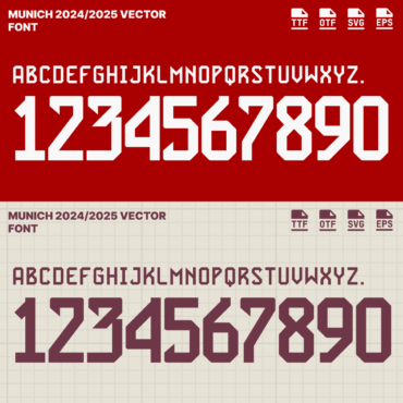 Bayern Munich 2024/2025 Vector Football Font - Bayern Munich-Inspired Typeface for Football Jerseys and Design Projects. Available in TTF, OTF, SVG, and EPS formats. Ideal for creating official team kits, sports merchandise, and digital media. Bold, modern font showcasing the iconic Bayern Munich style, perfect for football enthusiasts and designers.