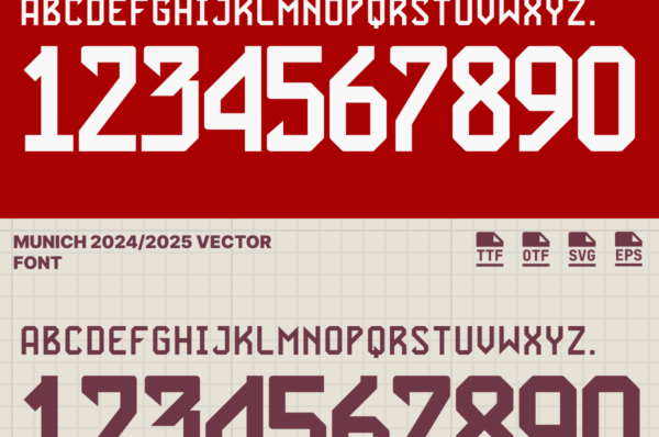 Bayern Munich 2024/2025 Vector Football Font - Bayern Munich-Inspired Typeface for Football Jerseys and Design Projects. Available in TTF, OTF, SVG, and EPS formats. Ideal for creating official team kits, sports merchandise, and digital media. Bold, modern font showcasing the iconic Bayern Munich style, perfect for football enthusiasts and designers.