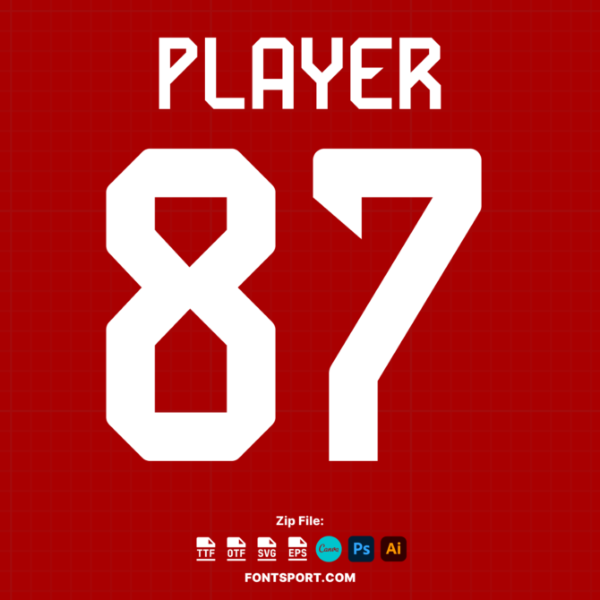 Bayern Munich 2024/2025 Football Jersey Font. Bold, modern typeface perfect for official team kits, available in TTF, OTF, SVG, and EPS formats. Designed for use in Photoshop, Canva, Illustrator, and more. Ideal for customizing football jerseys and sports merchandise.