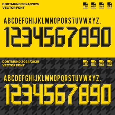 Borussia Dortmund 2024/2025 Vector Football Font - Borussia Dortmund-Inspired Typeface for Football Jerseys and Design Projects. Available in TTF, OTF, SVG, and EPS formats. Ideal for creating official team kits, sports merchandise, and digital media. Bold, modern font showcasing the iconic Borussia Dortmund style, perfect for football enthusiasts and designers.