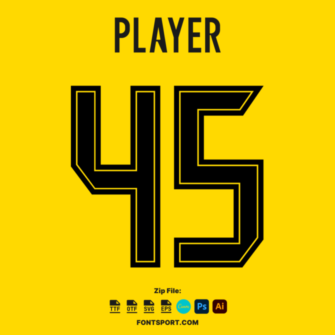 Borussia Dortmund 2024/2025 Football Jersey Font. Bold, modern typeface perfect for official team kits, available in TTF, OTF, SVG, and EPS formats. Designed for use in Photoshop, Canva, Illustrator, and more. Ideal for customizing football jerseys and sports merchandise.