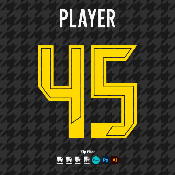 Borussia Dortmund 2024/2025 Football Jersey Font. Bold, modern typeface perfect for official team kits, available in TTF, OTF, SVG, and EPS formats. Designed for use in Photoshop, Canva, Illustrator, and more. Ideal for customizing football jerseys and sports merchandise.