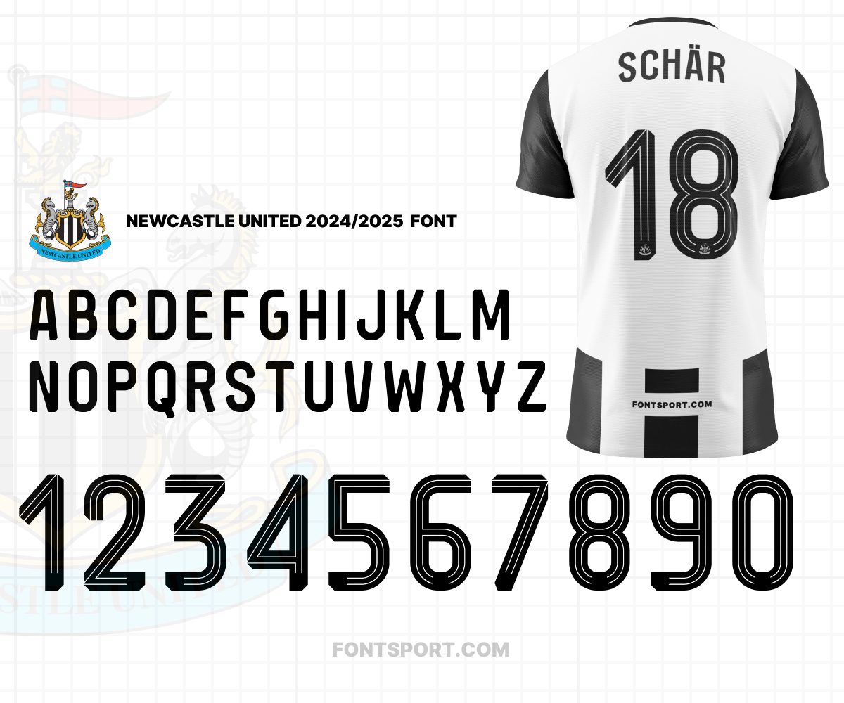 Newcastle United 2024/2025 Font for Football Jerseys - Uppercase Letters and Numbers, Inspired by Official EPL Kit Design