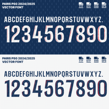 Paris Saint-Germain 2024/2025 Vector Football Font - PSG-Inspired Typeface for Football Jerseys and Design Projects. Available in TTF, OTF, SVG, and EPS formats. Ideal for creating official team kits, sports merchandise, and digital media. Bold, modern font showcasing the iconic Paris Saint-Germain style, perfect for football enthusiasts and designers.