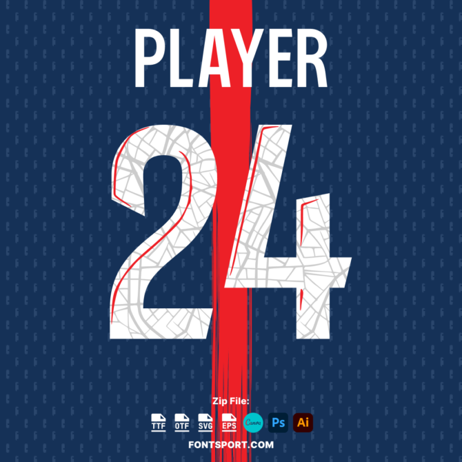 Paris Saint-Germain 2024/2025 Football Jersey Font. Bold, modern typeface perfect for official team kits, available in TTF, OTF, SVG, and EPS formats. Designed for use in Photoshop, Canva, Illustrator, and more. Ideal for customizing football jerseys and sports merchandise.