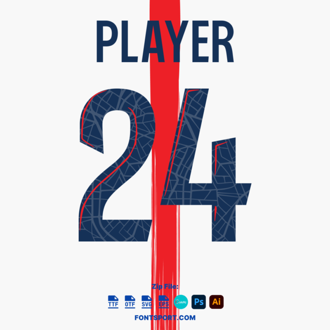 Paris Saint-Germain 2024/2025 Football Jersey Font. Bold, modern typeface perfect for official team kits, available in TTF, OTF, SVG, and EPS formats. Designed for use in Photoshop, Canva, Illustrator, and more. Ideal for customizing football jerseys and sports merchandise.