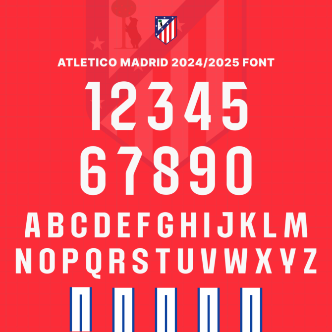 Atletico Madrid 2024/2025 Font Preview - Complete Alphabet and Numbers. High-quality vector typeface inspired by Atletico Madrid's official kit, available for download in TTF, OTF, SVG, and EPS formats. Perfect for graphic designers and football enthusiasts.