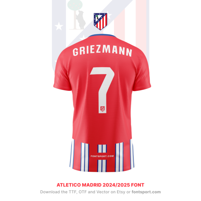 Atletico Madrid LA Liga 2024/2025 Font - Displayed on Griezmann's Jersey. Download the complete typeface in TTF, OTF, and Vector formats from FontSport.com. Ideal for creating custom football kits and digital media content.