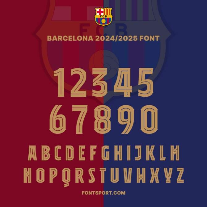 Barcelona 2024/2025 Font Preview - Complete Alphabet and Numbers. High-quality vector typeface inspired by Barcelona's official kit, available for download in TTF, OTF, SVG, and EPS formats. Perfect for graphic designers and football enthusiasts.