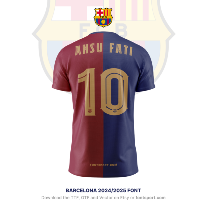 Barcelona LA Liga 2024/2025 Font - Displayed on Ansu Fatis's Jersey. Download the complete typeface in TTF, OTF, and Vector formats from FontSport.com. Ideal for creating custom football kits and digital media content.