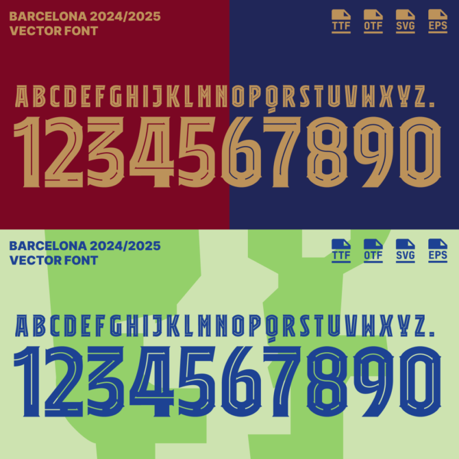 Barcelona 2024/2025 Vector Football Font - Barcelona-Inspired Typeface for Football Jerseys and Design Projects. Available in TTF, OTF, SVG, and EPS formats. Ideal for creating official team kits, sports merchandise, and digital media. Bold, modern font showcasing the iconic Barcelona style, perfect for football enthusiasts and designers.