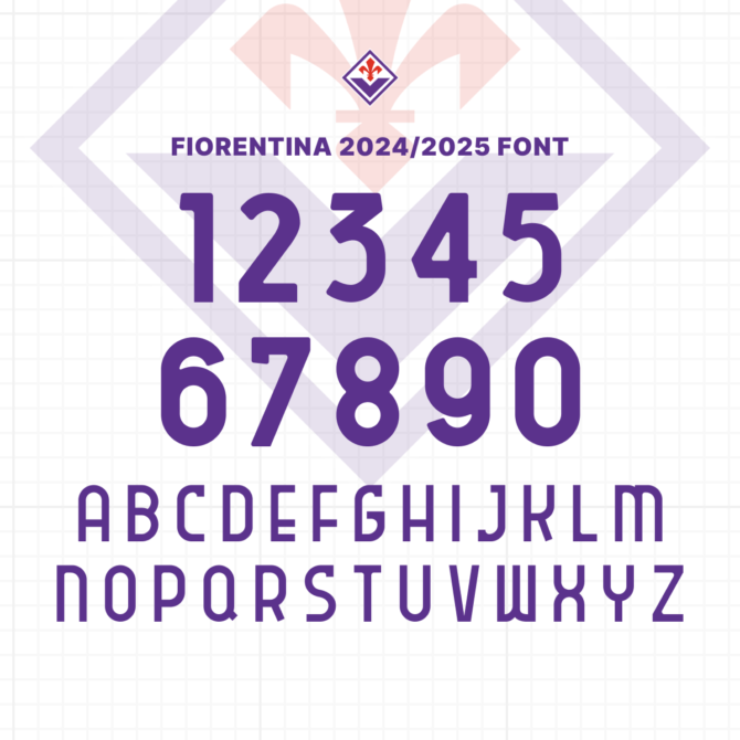 Fiorentina 2024/2025 Font Preview - Complete Alphabet and Numbers. High-quality vector typeface inspired by Fiorentina's official kit, available for download in TTF, OTF, SVG, and EPS formats. Perfect for graphic designers and football enthusiasts.