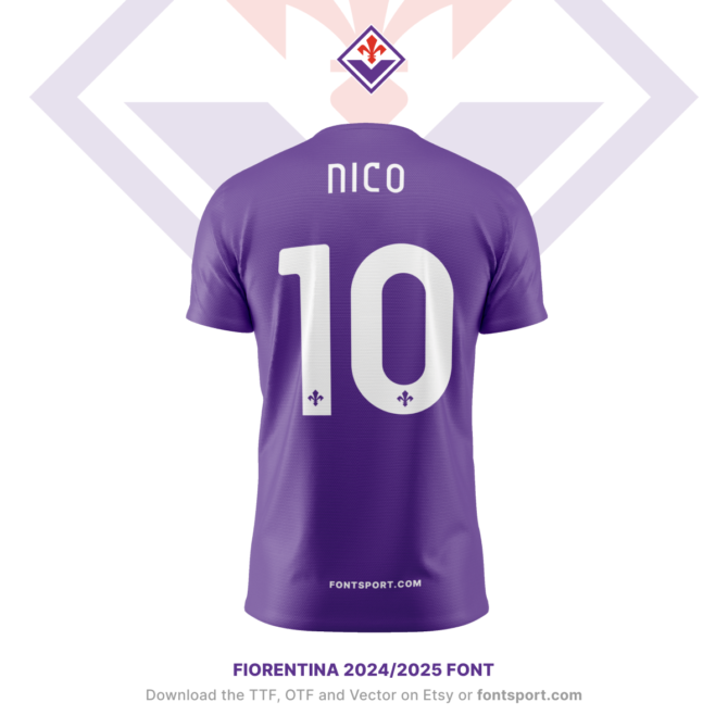 Fiorentina Serie A 2024/2025 Font - Displayed on Nico's Jersey. Download the complete typeface in TTF, OTF, and Vector formats from FontSport.com. Ideal for creating custom football kits and digital media content.