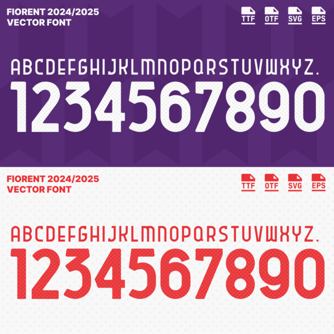 Fiorentina 2024/2025 Vector Football Font - Fiorentina-Inspired Typeface for Football Jerseys and Design Projects. Available in TTF, OTF, SVG, and EPS formats. Ideal for creating official team kits, sports merchandise, and digital media. Bold, modern font showcasing the iconic Fiorentina style, perfect for football enthusiasts and designers.