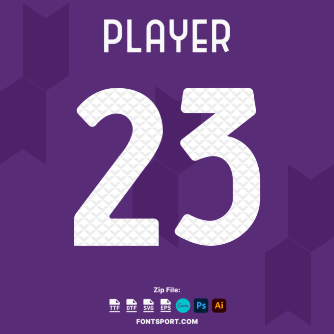 Fiorentina 2024/2025 Football Jersey Font. Bold, modern typeface perfect for official team kits, available in TTF, OTF, SVG, and EPS formats. Designed for use in Photoshop, Canva, Illustrator, and more. Ideal for customizing football jerseys and sports merchandise.