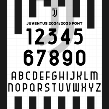 Juventus 2024/2025 Font Preview - Complete Alphabet and Numbers. High-quality vector typeface inspired by Juventus's official kit, available for download in TTF, OTF, SVG, and EPS formats. Perfect for graphic designers and football enthusiasts.