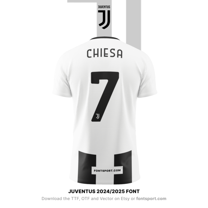 Juventus Serie A 2024/2025 Font - Displayed on Chiesa's Jersey. Download the complete typeface in TTF, OTF, and Vector formats from FontSport.com. Ideal for creating custom football kits and digital media content.