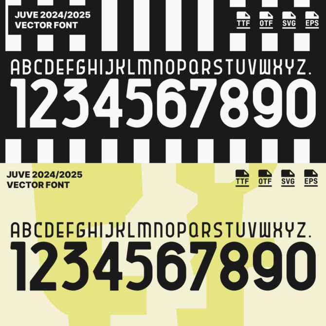 Juventus 2024/2025 Vector Football Font - Juventus-Inspired Typeface for Football Jerseys and Design Projects. Available in TTF, OTF, SVG, and EPS formats. Ideal for creating official team kits, sports merchandise, and digital media. Bold, modern font showcasing the iconic Juventus style, perfect for football enthusiasts and designers.