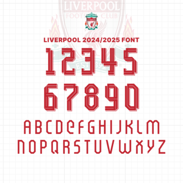 Liverpool 2024/2025 Font Preview - Complete Alphabet and Numbers. High-quality vector typeface inspired by Liverpool's official kit, available for download in TTF, OTF, SVG, and EPS formats. Perfect for graphic designers and football enthusiasts.