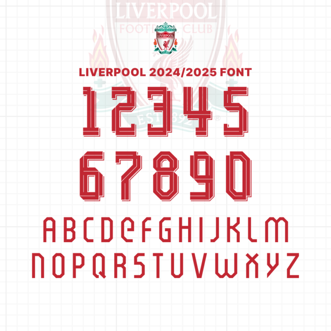 Liverpool 2024/2025 Font Preview - Complete Alphabet and Numbers. High-quality vector typeface inspired by Liverpool's official kit, available for download in TTF, OTF, SVG, and EPS formats. Perfect for graphic designers and football enthusiasts.