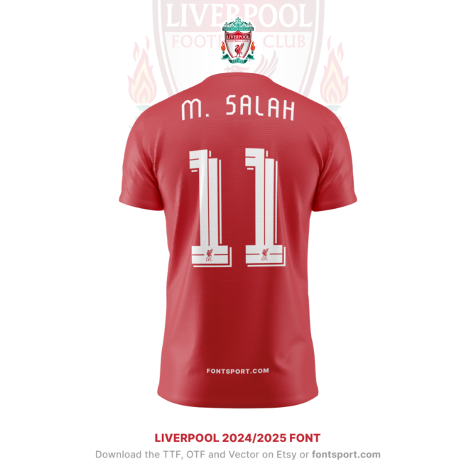 Liverpool Premier League 2024/2025 Font - Displayed on M. Salah's Jersey. Download the complete typeface in TTF, OTF, and Vector formats from FontSport.com. Ideal for creating custom football kits and digital media content.