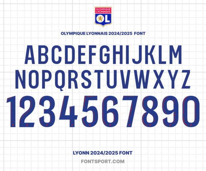 Olympique Lyonnais 2024/2025 Font for Football Jerseys - Uppercase Letters and Numbers, Inspired by Official Ligue 1 Kit Design