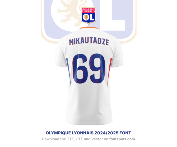 Olympique Lyonnais 2024/2025 Font for Football Jerseys - Uppercase Letters and Numbers, Inspired by Official Ligue 1 Kit Design