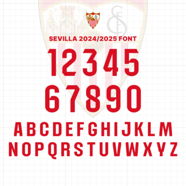 Sevilla 2024/2025 Font Preview - Complete Alphabet and Numbers. High-quality vector typeface inspired by Sevilla's official kit, available for download in TTF, OTF, SVG, and EPS formats. Perfect for graphic designers and football enthusiasts.