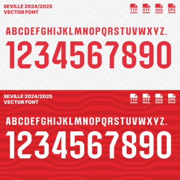 Sevilla 2024/2025 Vector Football Font - Sevilla-Inspired Typeface for Football Jerseys and Design Projects. Available in TTF, OTF, SVG, and EPS formats. Ideal for creating official team kits, sports merchandise, and digital media. Bold, modern font showcasing the iconic Sevilla style, perfect for football enthusiasts and designers.