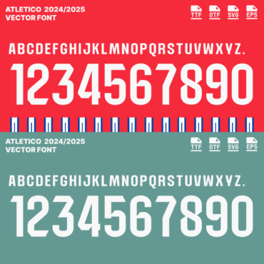 Atletico Madrid 2024/2025 Vector Football Font - Atletico Madrid-Inspired Typeface for Football Jerseys and Design Projects. Available in TTF, OTF, SVG, and EPS formats. Ideal for creating official team kits, sports merchandise, and digital media. Bold, modern font showcasing the iconic Atletico Madrid style, perfect for football enthusiasts and designers.